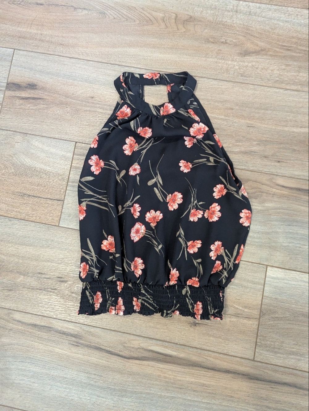 Sienna Sky Black Floral Halter Tank with Coral Blooms